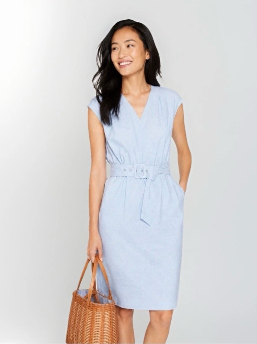 J.McLaughlin Winifred Dress Size M Blue Linen Blend Wrap Front Belted
Pockets